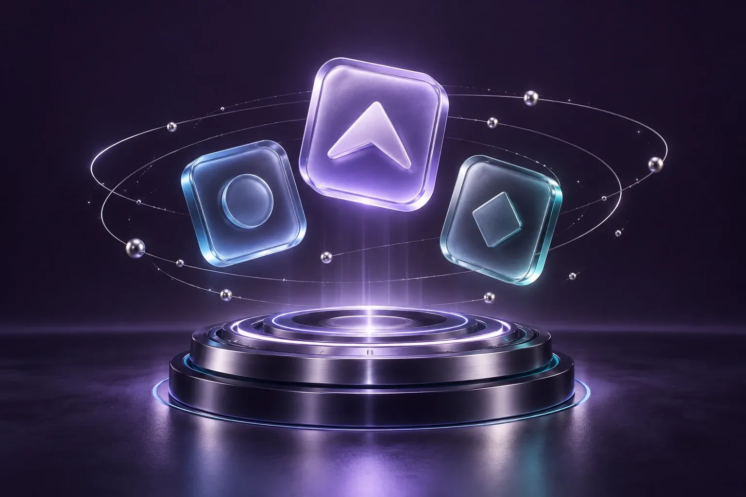 Three translucent app tiles floating above a metallic platform, encircled by orbital rings.