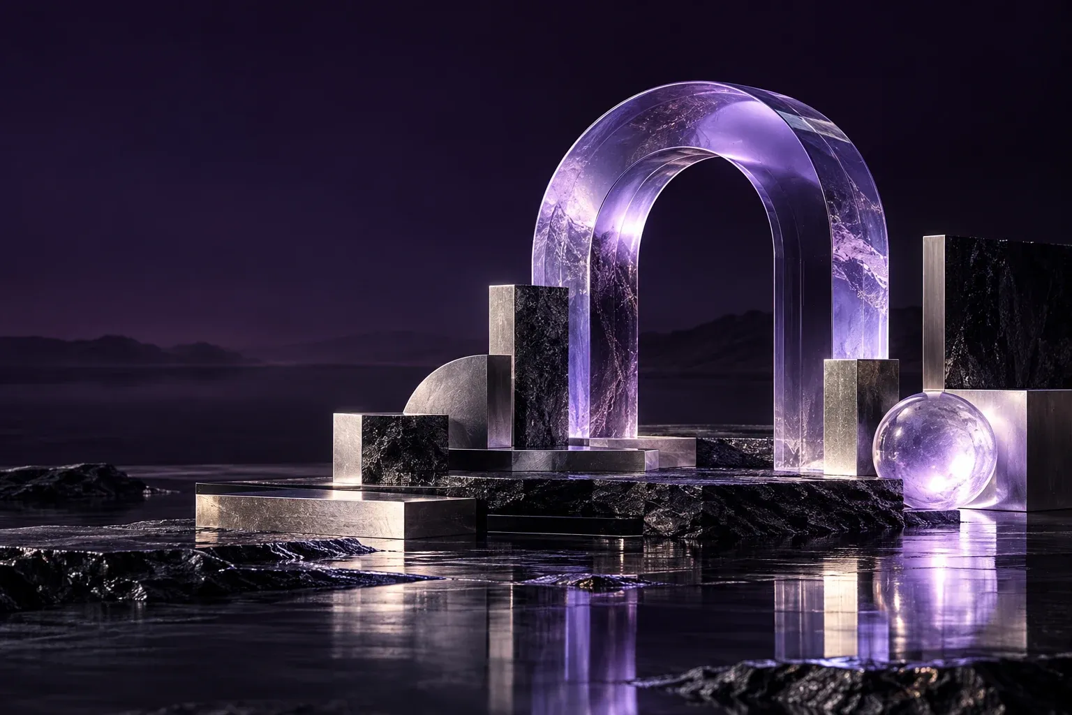 A translucent violet glass arch and glowing sphere among sculptural dark stone forms.
