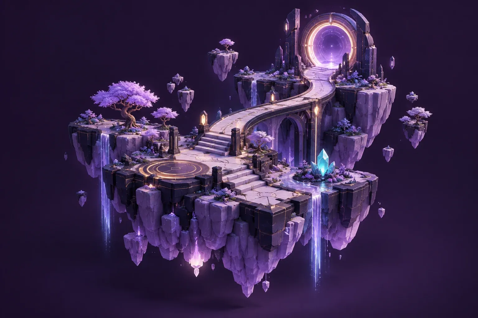 An imagined floating island with violet trees, a winding stone path, and a luminous portal.
