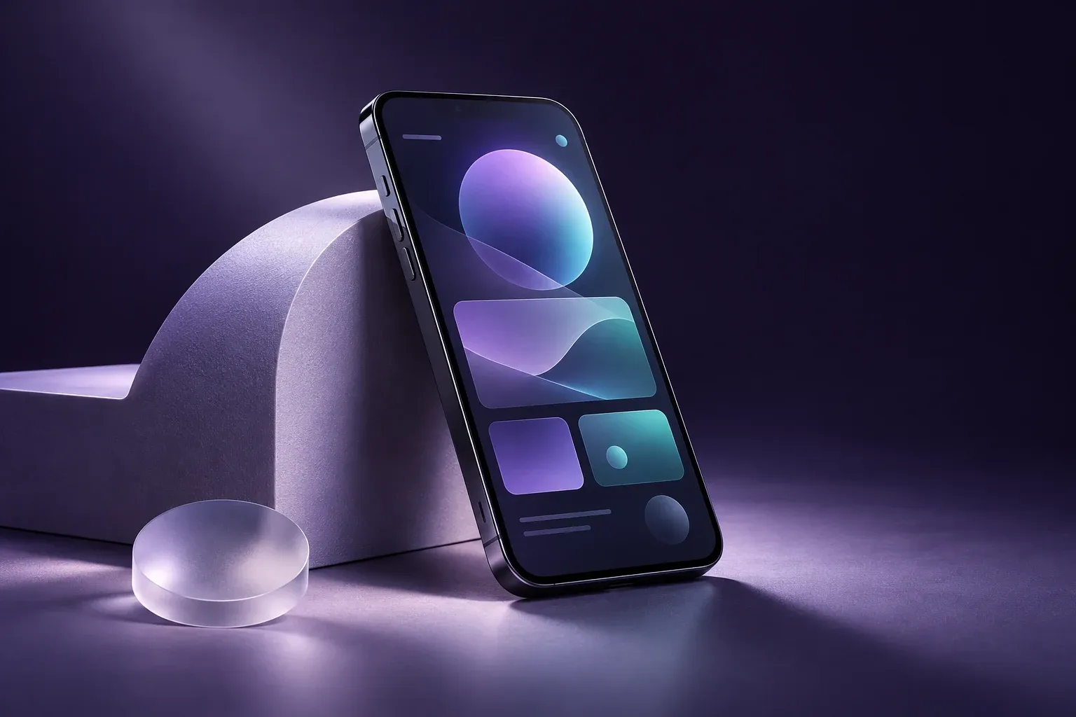 Concept illustration of an unbranded smartphone with abstract violet and teal interface elements.