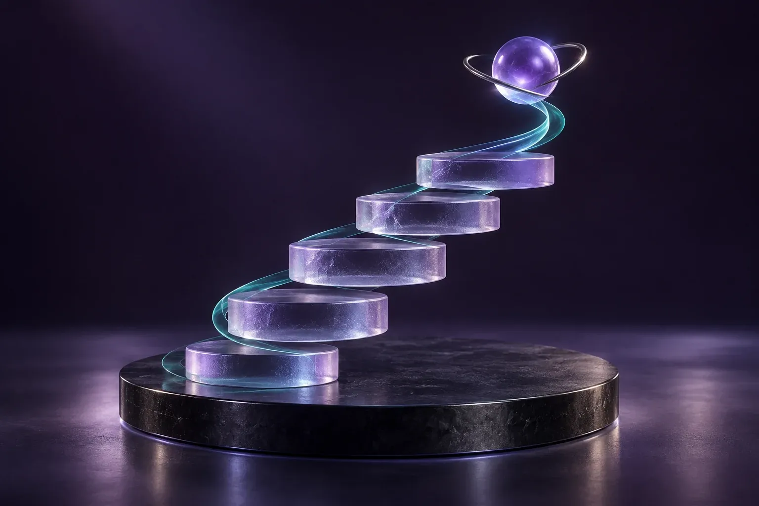 Ascending violet glass steps with a luminous teal ribbon leading to an orbiting sphere.